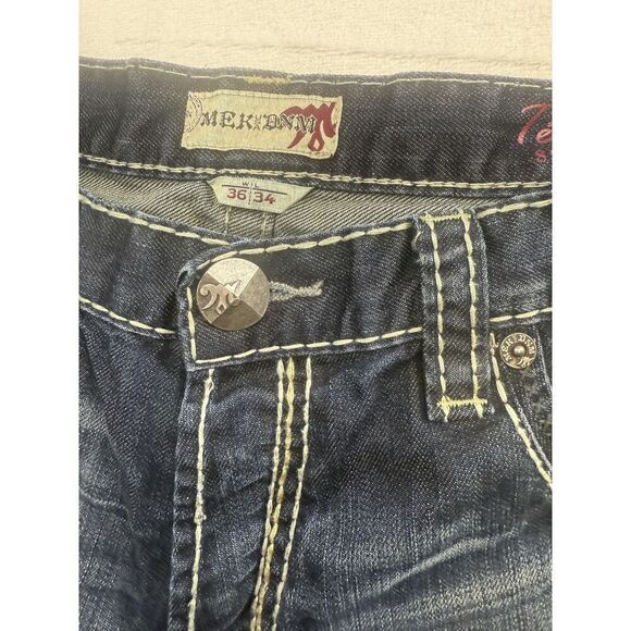 MEK Denim Jeans Mens 36x34 Blue Tetouan Straight Leg Contrast Stitch Distressed - Picture 6 of 15